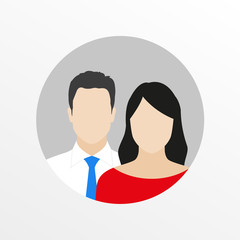Wall Mural - Male and female flat icon. Man with necktie and woman user avatar. Vector illustration.