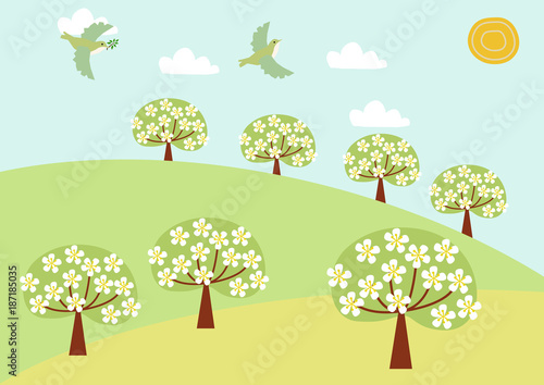 小鳥と春の風景のイラスト 春の景色 自然のイラスト Buy This Stock Vector And Explore Similar Vectors At Adobe Stock Adobe Stock