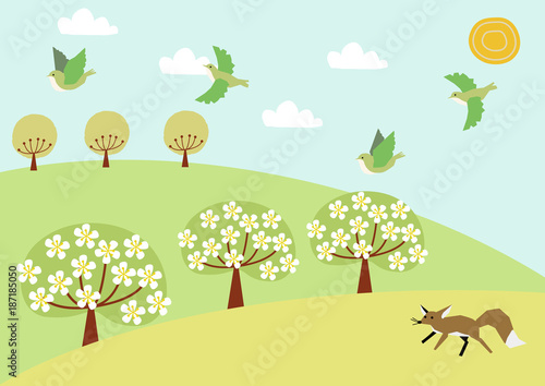 小鳥と春の風景のイラスト 春の景色 自然のイラスト Stock Vector Adobe Stock