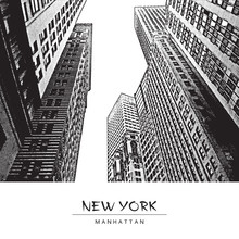 New York City, Manhattan. A Street In Downtown, Cityscape With Skyscrapers. Vector Drawing In Engraving Style. Black Illustration Isolated On White Background. Perspective View Up. 