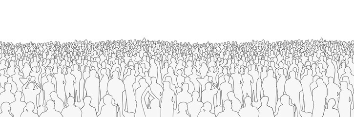 illustration of large mass of people from wide angle in black and white