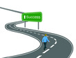 © Kristyna - man walking on curved asphalt road highway to the green sign success with white arrow concept of way to success achieving goals victory journey