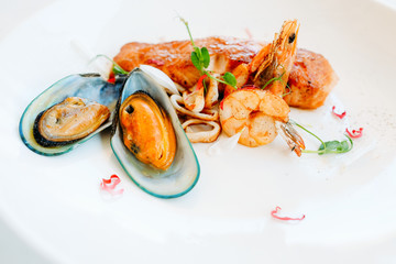 seafood breakfast restaurant recipe concept. lifestyle of high society. proper nutrition. food photography.