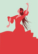 Beautiful Spanish flamenco dancer, wearing elegant red dress and flower in her long hair
