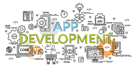 Flat colorful design concept for APP Development. Infographic idea of making creative products..Template for website banner, flyer and poster.