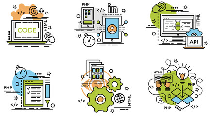 Set of outline icons of APP Development..Colorful icons for website, mobile, app design and print.