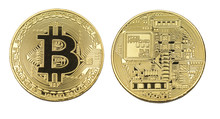 Bit Coin Sign Golden Metal Isolated