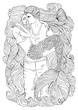 Vector hand drawn embraces a loving couple. A young guy is holding hands a sea mermaid with long hair and a scaly tail. Pattern coloring page A4 size