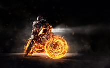 Dark Motorbiker Staying On Burning Motorcycle, Separated On Black Background.