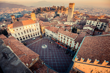 bergamo alta old town at sunset - piazza vecchia - lombardy italy