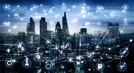 City of London at sunset. Illustration with communication and business icons, network connections concept.