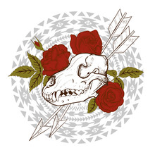 Composition Of Animal Skull, Red Roses, Arrows And Indian Geometric Ornament, Vector Illustration