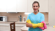 © pavel_shishkin - Cleaning company concept. Panoramic image of beautiful positive young woman - employee of cleaning company in rubber gloves with rag during cleaning