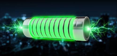 Poster - Green battery with lightnings 3D rendering