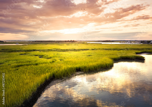 Fotografía Aerial view of a swamp at sunrise