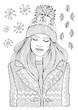 Vector hand drawn fashion smiling girl in a warm knitted hat and coat, autumn winter season. Pattern for coloring book A4 size. .Coloring book for adults.
