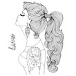 Vector hand drawn portrait in profile of a young girl with closed eyes and long eyelashes. Wavy long hair gathered in a high ponytail. The girl romantic style