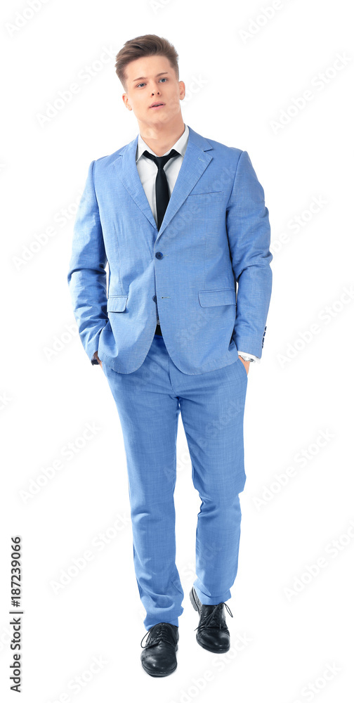 Handsome man in formal suit on white background