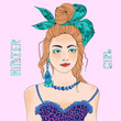 Vector hand drawn portrait of a young redhead stylish girl. Hipster Girl with freckles, her red hair collected in bunch with a large bow, top bodice with leopard print, jewelry earrings and necklace.