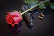 Rose, gun and two bullets on black reflective background