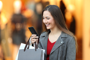 Wall Mural - Fashion shopper using a smart phone in a mall