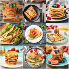 Sticker - Collage with ideas for serving delicious buckwheat pancakes