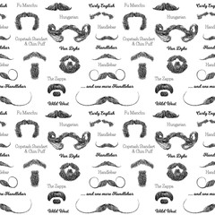 Vector seamless pattern with beards and mustaches. Hand drawn illustration with fashionable men's styles. Linear Graphics. Kinds and names of hairstyles