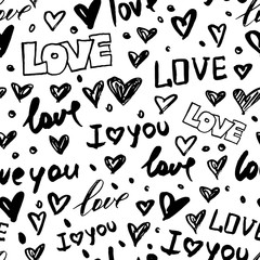 Wall Mural - Vector seamless pattern with hand drawn doodle hearts and word love. Trendy design concept for fashion textile print.