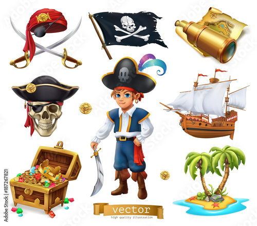 Pirates set. Boy, treasure chest, map, flag, ship, island. 3d cartoon vector ...