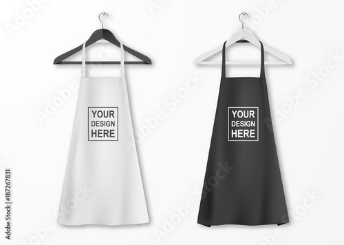 Cuadros en Lienzo Vector white and black cotton kitchen apron set with clothes hangers closeup isolated on white background