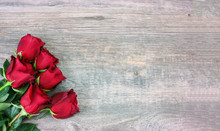 Valentine's Day Red Roses Over Wood Background, Horizontal, Copy Space