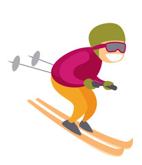 Young active caucasian white skier in ski mask skiing downhill in high mountains. Concept of outdoor winter sport and recreation. Vector cartoon illustration isolated on white background.