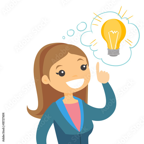 Excited Young Caucasian White Business Woman Pointing Finger Up At The Bright Idea Light Bulb Concept Of Creative Business Idea And Solution Vector Cartoon Illustration Isolated On White Background Buy This