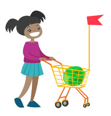 Poster - Happy african-american girl shopping. Little girl walking with shopping cart with cabbage and red flag. Vector cartoon illustration isolated on white background.