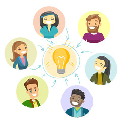 Poster - Group of young multicultural businessmen connected by one idea light bulb. Business partners working on new business idea and start up. Vector cartoon illustration isolated on white background.