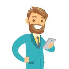 Poster - Young caucasian white hipster businessman with beard looking at mobile phone screen. Happy businessman using smartphone. Vector cartoon illustration isolated on white background.