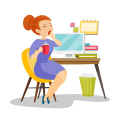 Sticker - Young caucasian white sleepy tired office worker holding a cup of coffee and yawning while working at the workplace in the office. Vector cartoon illustration isolated on white background.