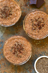 Wall Mural - Chocolate chia seed pudding in glass bowls with chia seeds and chocolate shavings on top, photographed overhead on slate with natural light