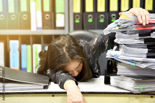 Asian Worker Woman Sleeping On The Workplace Tired Woman Asleep