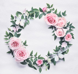 Flat lay pink rose flowers