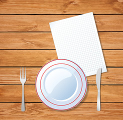 Vector illustration of plate, knife, fork and clear sheet on wooden table