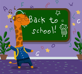 Wall Mural - Cute funny little giraffe animal student in school uniform standing next to blackboard in the calssroom, back to school concept vector Illustration