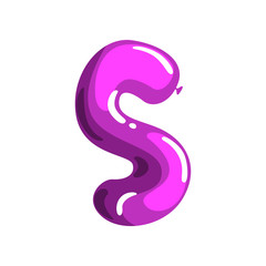 Sticker - Bright violet letter S in shape of glossy balloon. Cartoon English alphabet font. ABC concept. Isolated flat vector design for promo banner, invitation card, poster