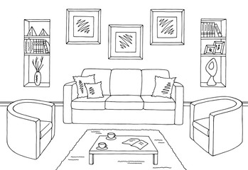 Living room graphic black white interior sketch illustration vector