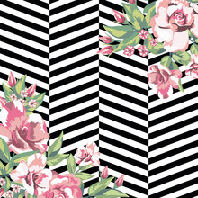 Rose Flowers Print Pattern In Black White Geometric Background