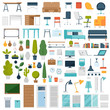 Home room and office interior constructor with cartoon plants, office furniture, laptops, decorations and other elements. Business workplace creator set in flat design.