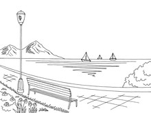 Embankment Graphic Black White Sea Landscape Sketch Illustration Vector