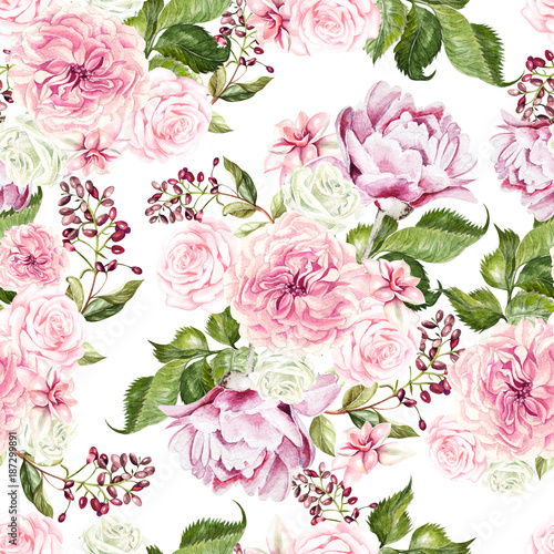 Beautiful watercolor pattern with flowers rose and peony.