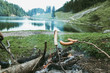 © Brilliant Eye - wooden sticks grilling barbecue sausages on fireplace in front of mountain lake