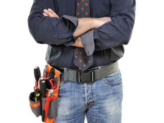  Close-up of an elegant electrician technician isolated on white background.